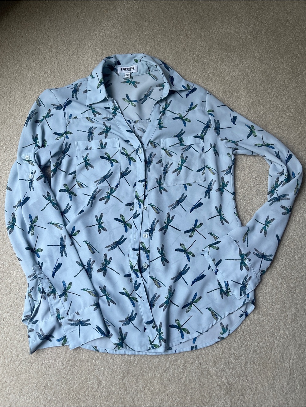 Express Light Blue Dragonfly-Print Button Down Shirt